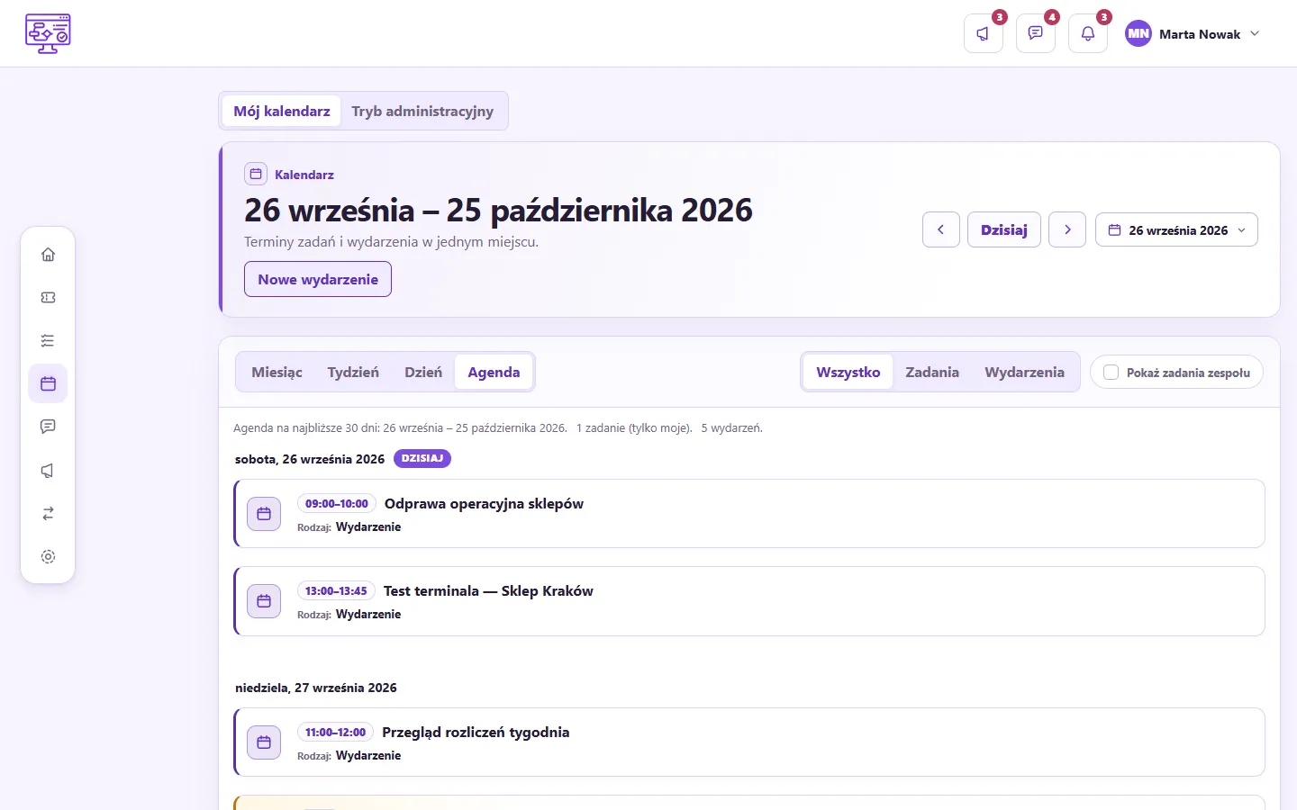 Kalendarz w IKTEL Flow w widoku agendy: przełączniki Miesiąc, Tydzień, Dzień i Agenda, filtr zadań i wydarzeń oraz wydarzenia dnia z godzinami.