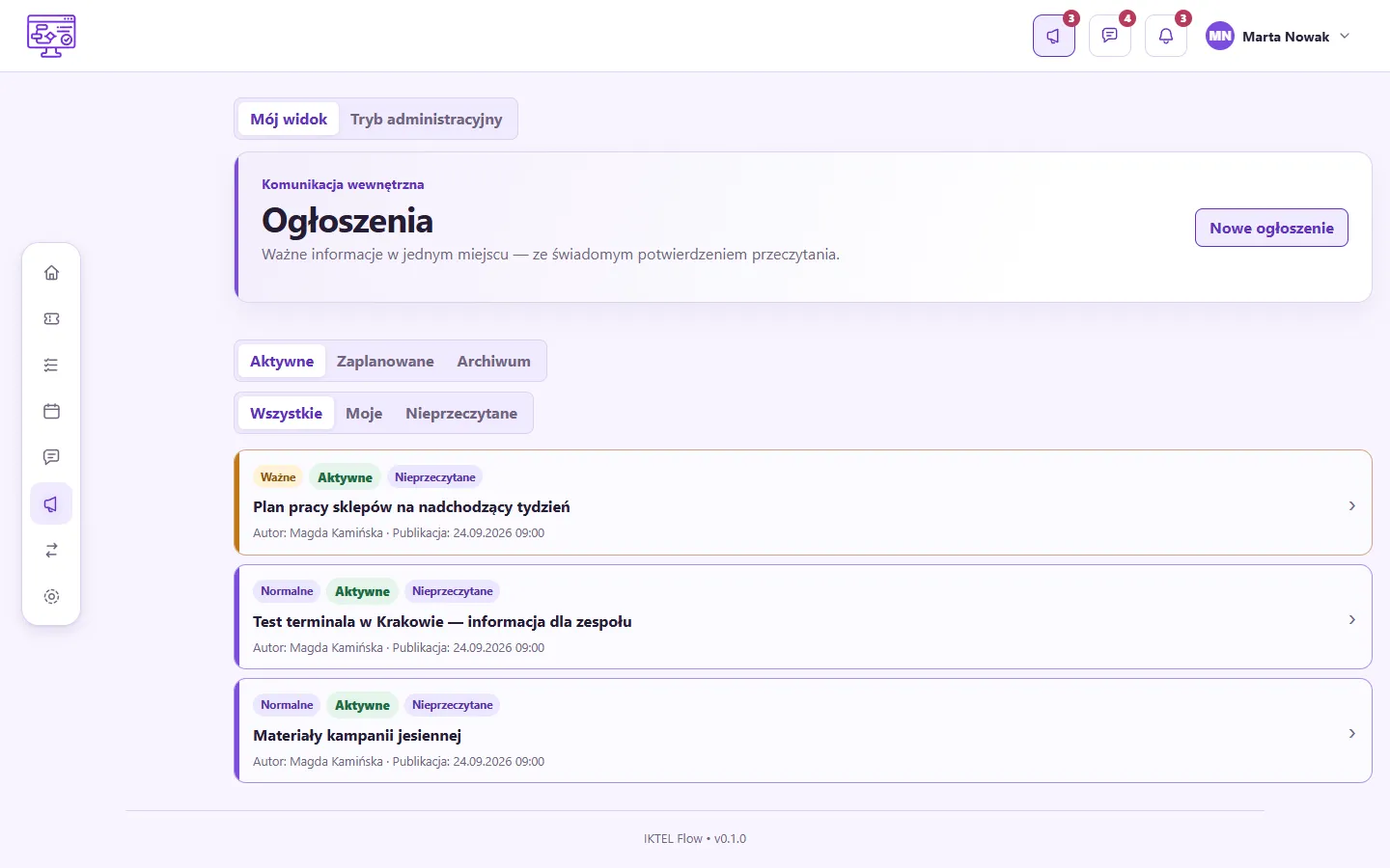 Ogłoszenia w IKTEL Flow: zakładki Aktywne, Zaplanowane i Archiwum, filtr Wszystkie, Moje i Nieprzeczytane oraz trzy ogłoszenia z oznaczeniem ważności, autorem i datą publikacji.