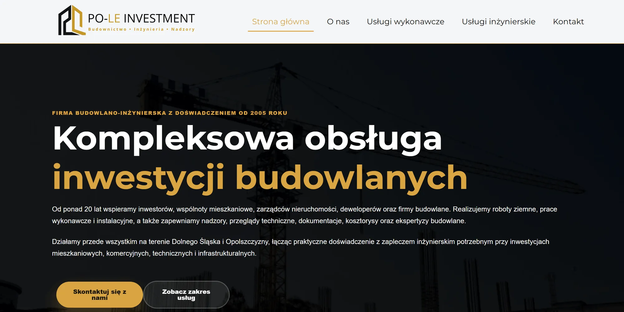 Strona główna serwisu Po-Le Investment: nagłówek „Kompleksowa obsługa inwestycji budowlanych" na ciemnym zdjęciu placu budowy z dźwigiem.