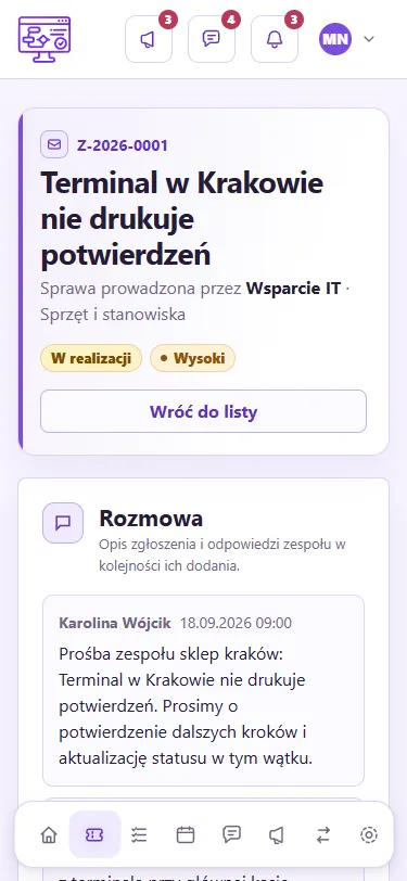 IKTEL Flow na telefonie: zgłoszenie Z-2026-0001 „Terminal w Krakowie nie drukuje potwierdzeń” ze statusem W realizacji, priorytetem Wysoki i przyciskiem Wróć do listy oraz początek rozmowy w sprawie.
