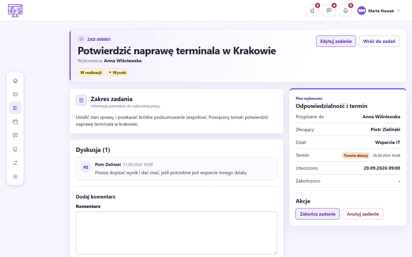 Zadanie w IKTEL Flow: zakres pracy, dyskusja oraz plan wykonania z osobą przypisaną, zlecającym, działem, terminem i przyciskami zakończenia lub anulowania zadania.